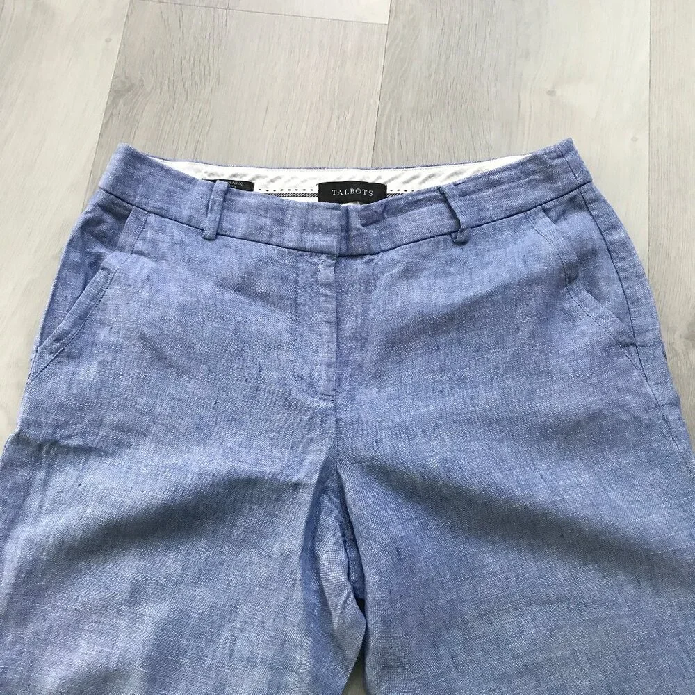 TALBOTS BLUE LINEN PANT ANKLE CROP FLAT FRONT WOMENS 4